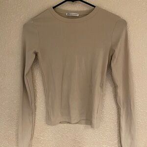Zara Long-Sleeve Slim Crewneck Top in Light Beige